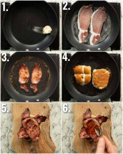 6 step by step photos showing how to make hot cross bun bacon sandwich