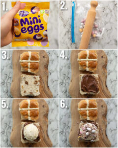 6 step by step photos showing how to make hot cross bun ice cream sandwich