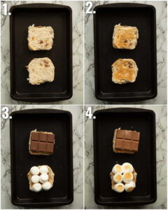4 step by step photos showing how to make hot cross bun smores sandwich