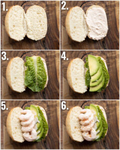 6 step by step photos showing how to make prawn cocktail sandwiches