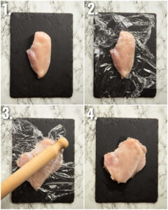 4 step by step photos showing how to pound chicken breast