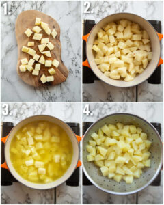 4 step by step photos showing how to prepare breakfast potatoes