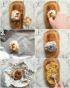 6 step by step photos showing how to roast garlic