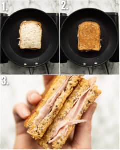 3 step by step photos showing how to make toasted ham and cheese sandwich