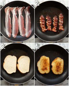 4 step by step photos showing how to fry bacon and bread