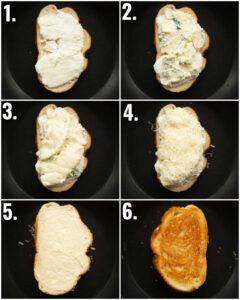6 step by step photos showing how to make 4 cheese grilled cheese