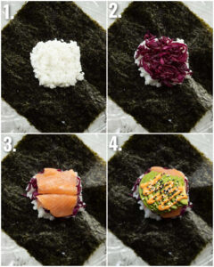 4 step by step photos showing how to make sushi sandwich