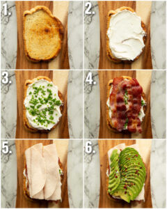 6 step by step photos showing how to make turkey avocado sandwich