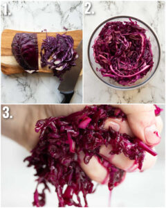 3 step by step photos showing how to pickle red cabbage