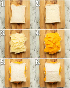 6 step by step photos showing how to make a cheese sandwich
