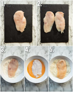 5 step by step photos showing how to bread chicken breast
