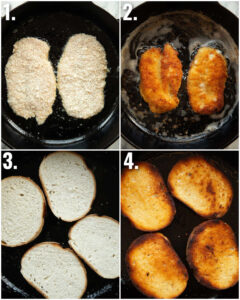4 step by step photos showing how to fry chicken and bread