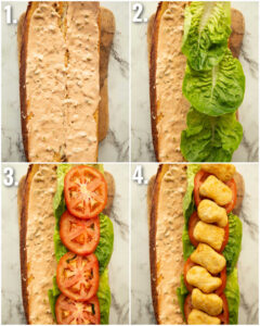 4 step by step photos showing how to make a chicken nugget sandwich
