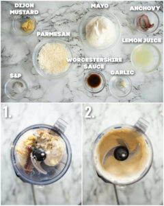 3 step by step photos showing how to make caesar salad dressing