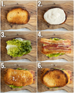 6 step by step photos showing how to make a chicken caesar sandwich