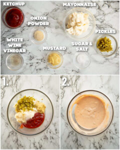 3 step by step photos showing how to make chicken nugget sauce