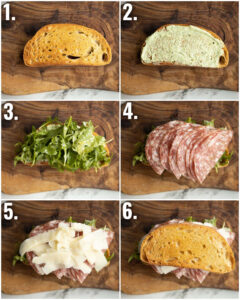 6 step by step photos showing how to make salami sandwich
