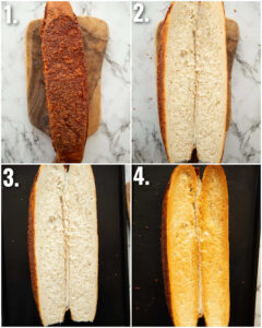 4 step by step photos showing how to toast a baguette