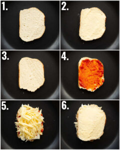 6 step by step photos showing how to make a chilli cheese sandwich
