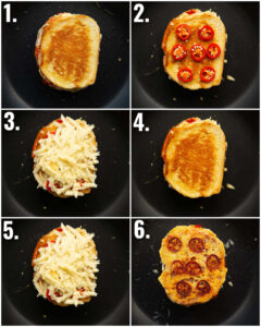 6 step by step photos showing how to make a grilled chilli cheese sandwich