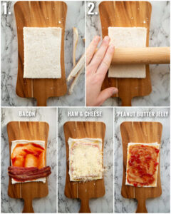 5 step by step photos showing how to make sandwich roll ups