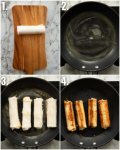 4 step by step photos showing how to toast sandwich roll ups